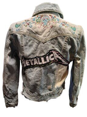 Upcycled denim artsy unique rock n roll jean jacket